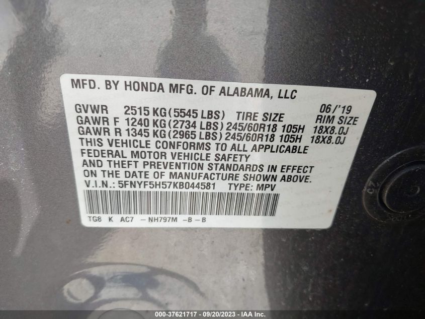 2019 HONDA PILOT EXL - 5FNYF5H57KB044581