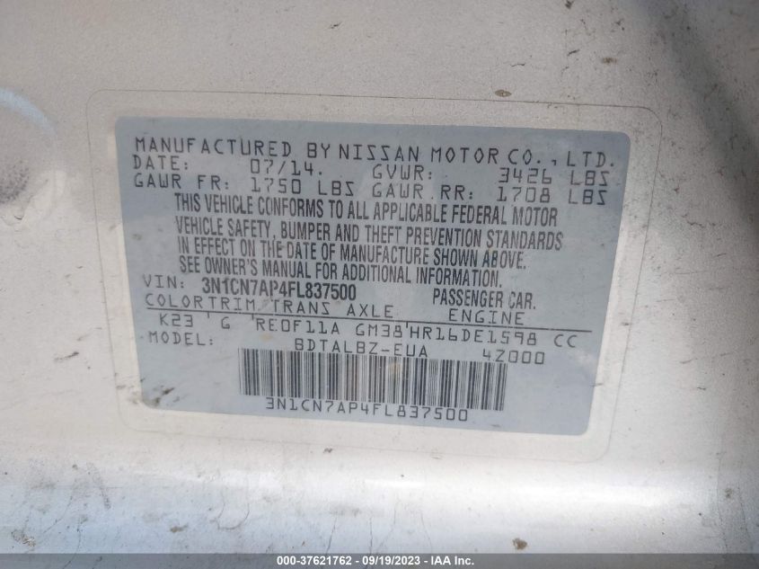 2015 NISSAN VERSA SV - 3N1CN7AP4FL837500