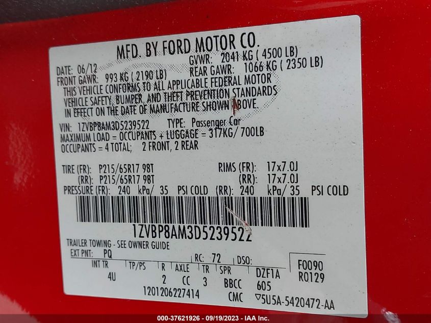 2013 FORD MUSTANG V6 - 1ZVBP8AM3D5239522