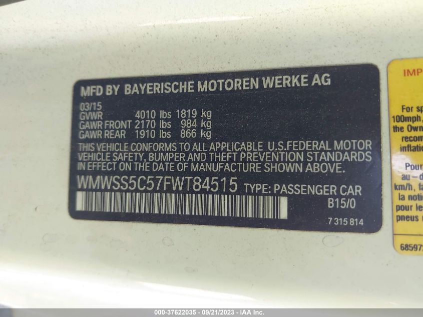 2015 MINI PACEMAN COOPER S WMWSS5C57FWT84515