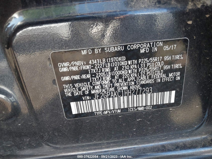 VIN JF2GPAKC1HH277293 2017 SUBARU CROSSTREK LIMITED