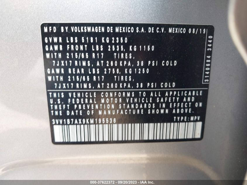 2019 VOLKSWAGEN TIGUAN S - 3VV1B7AX9KM195536