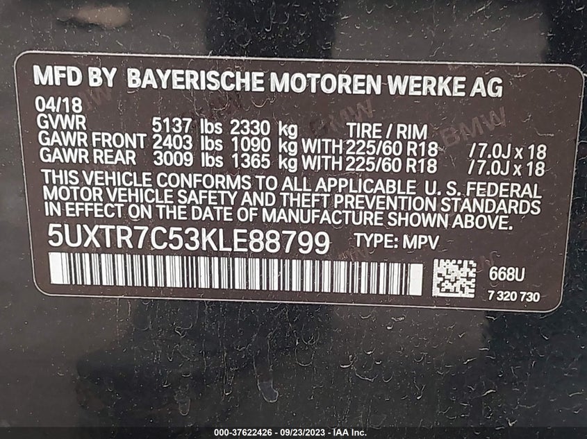 VIN 5UXTR7C53KLE88799 2019 BMW X3 SDRIVE30I