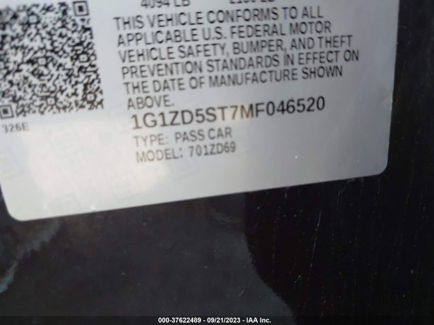 2021 CHEVROLET MALIBU LT - 1G1ZD5ST7MF046520