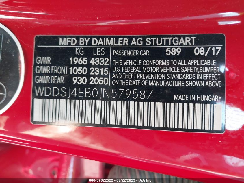 VIN WDDSJ4EB0JN579587 2018 MERCEDES-BENZ CLA CLA 250