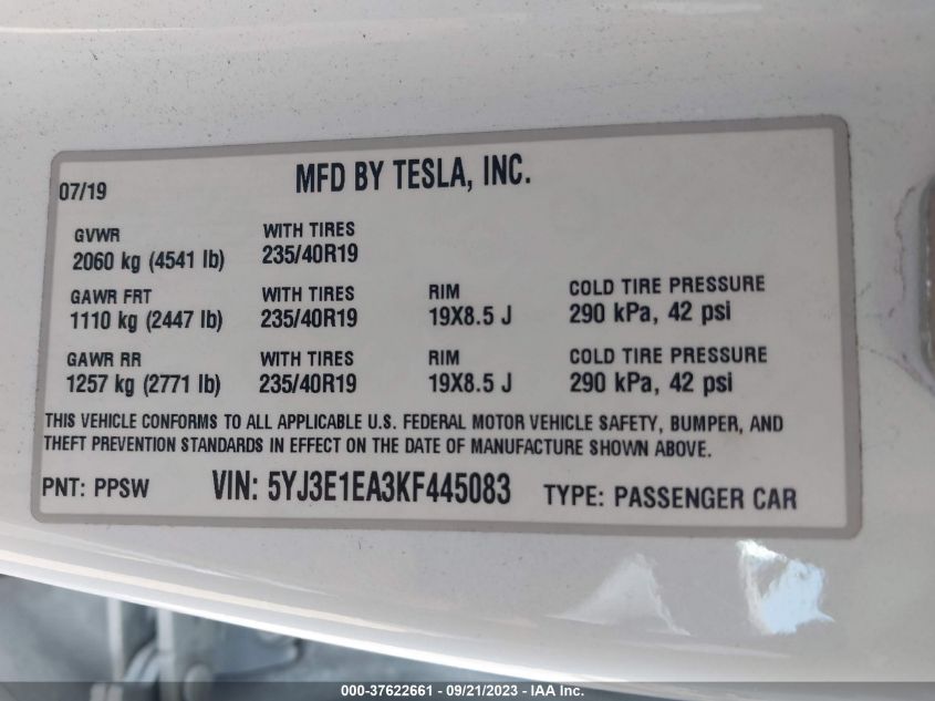 2019 TESLA MODEL 3 RANGE - 5YJ3E1EA3KF445083