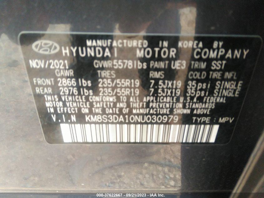 2022 HYUNDAI SANTA FE HYBRID SEL PREMIUM KM8S3DA10NU030979