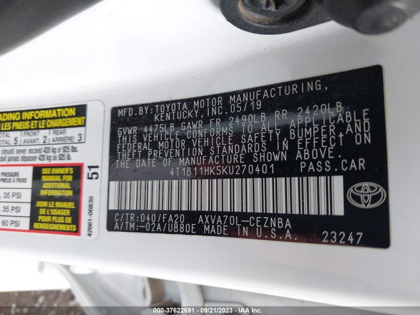 2019 TOYOTA CAMRY LE/SE/XLE/L - 4T1B11HK5KU270401
