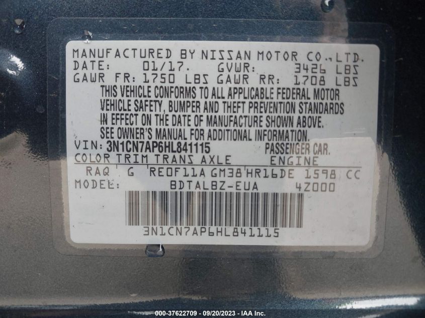 2017 NISSAN VERSA SEDAN SV 3N1CN7AP6HL841115