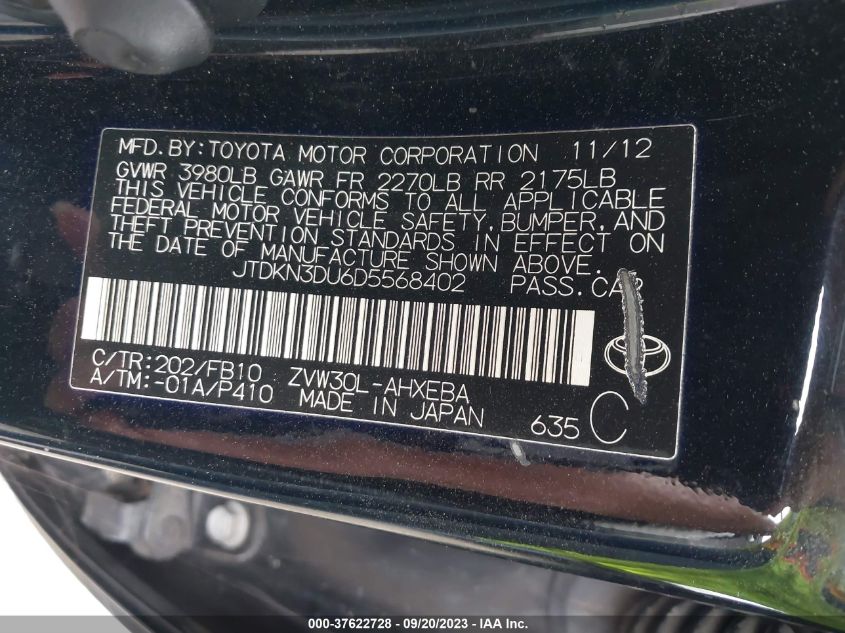 2013 TOYOTA PRIUS ONE/TWO/THREE/FOUR/FIVE - JTDKN3DU6D5568402