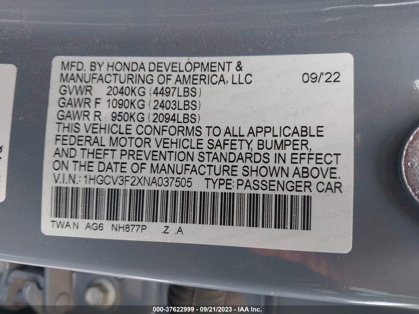 VIN 1HGCV3F2XNA037505 2022 HONDA ACCORD HYBRID SPORT