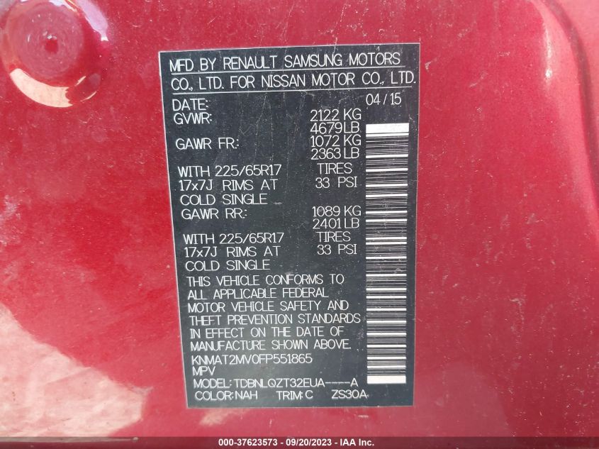 2015 NISSAN ROGUE SV - KNMAT2MV0FP551865