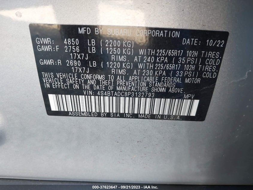VIN 4S4BTADC8P3132793 2023 SUBARU OUTBACK PREMIUM