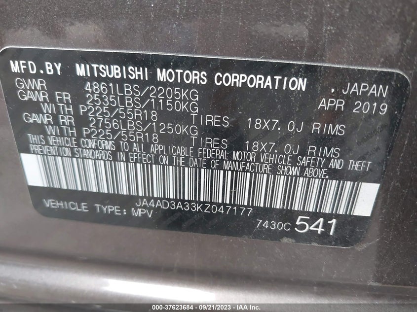 VIN JA4AD3A33KZ047177 2019 MITSUBISHI OUTLANDER SE/SEL/LE