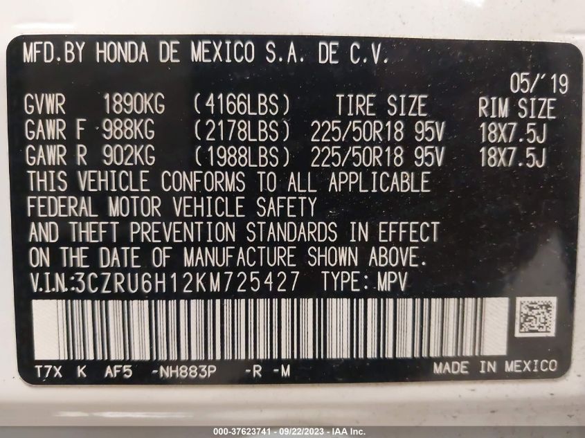 2019 HONDA HR-V SPORT - 3CZRU6H12KM725427