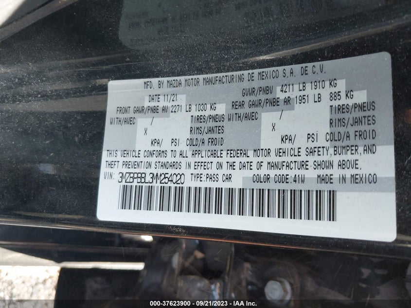 VIN 3MZBPBBL3MM254020 2021 MAZDA MAZDA3 SEDAN SELECT
