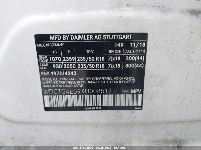 2019 MERCEDES-BENZ GLA 250 WDCTG4EB9KU008517