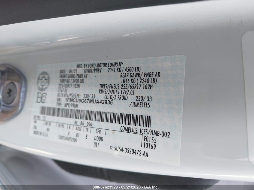 2021 FORD ESCAPE 1.5L ECOBOOST -INC A(VIN: 1FMCU9G67MUA42935