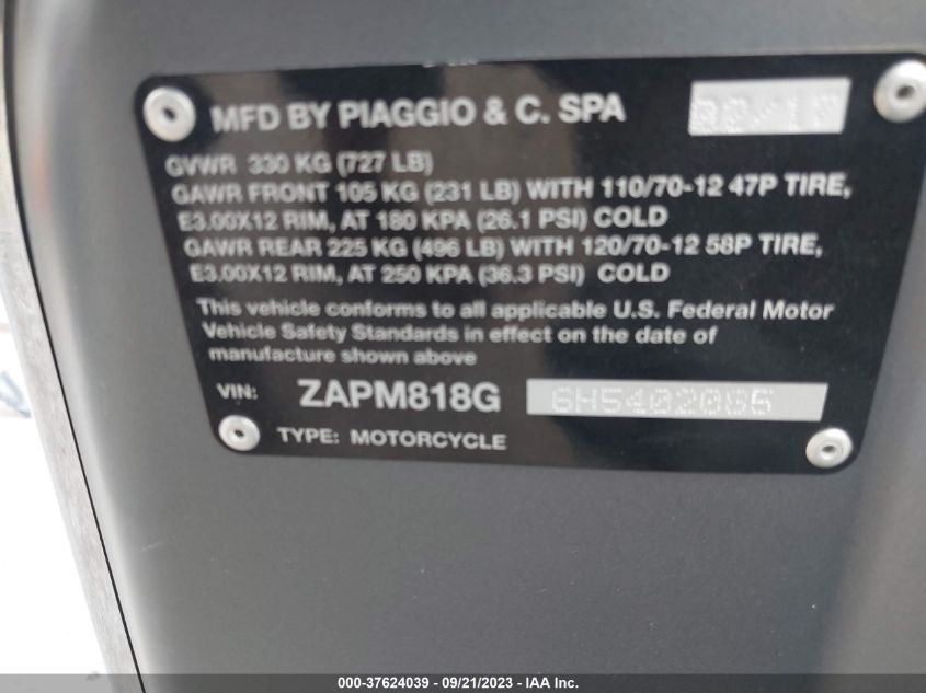 2017 VESPA SPRINT 150 3V ZAPM818G6H5402085