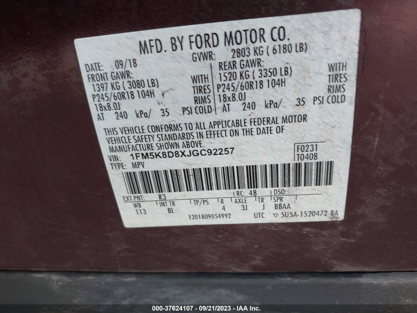 VIN 1FM5K8D8XJGC92257 2018 FORD EXPLORER XLT