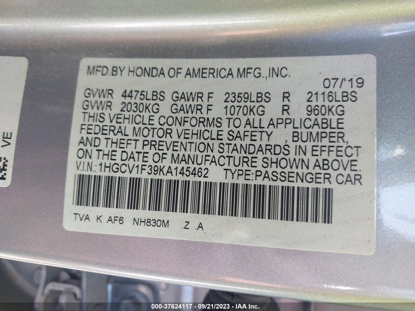VIN 1HGCV1F39KA145462 2019 HONDA ACCORD SEDAN SPORT 1.5T