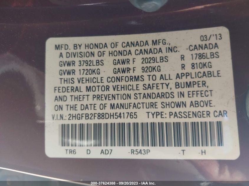 2013 HONDA CIVIC SDN EX - 2HGFB2F88DH541765