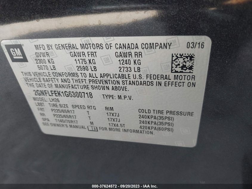 2016 CHEVROLET EQUINOX LT - 2GNFLFEK1G6300718