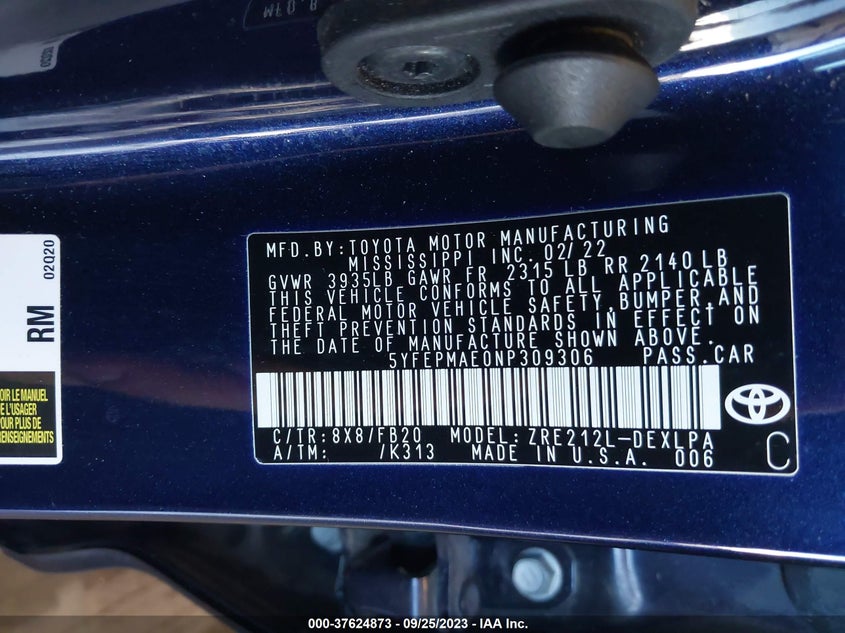 VIN 5YFEPMAE0NP309306 2022 TOYOTA COROLLA LE