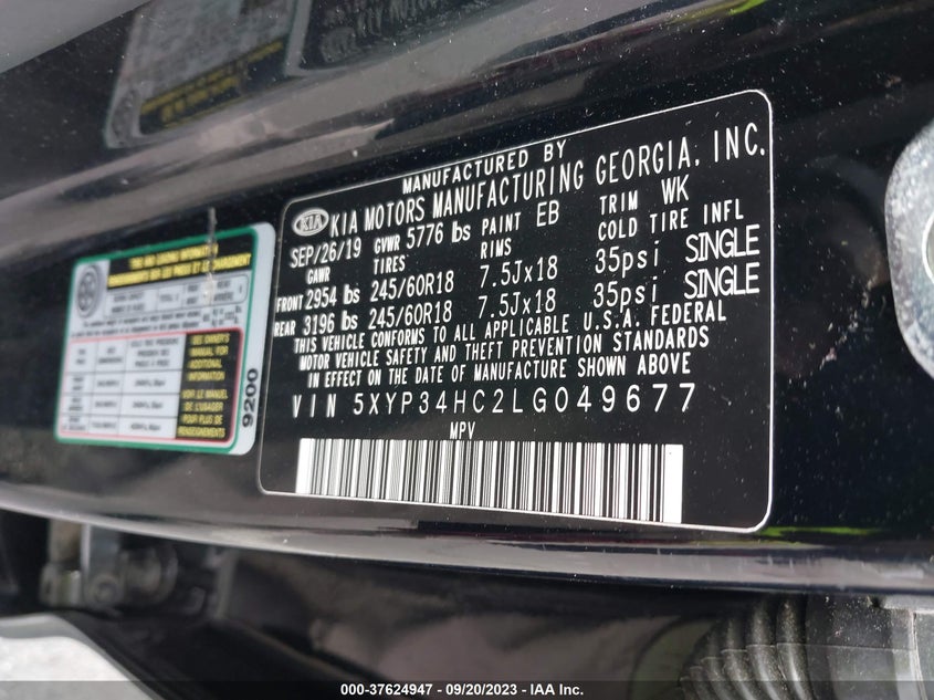 VIN 5XYP34HC2LG049677 2020 KIA TELLURIDE EX