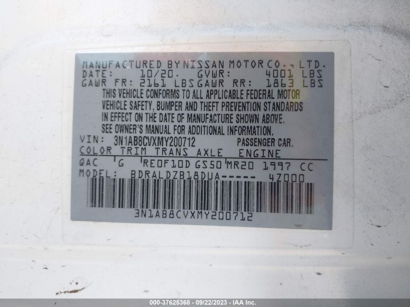 2021 NISSAN SENTRA SV - 3N1AB8CVXMY200712