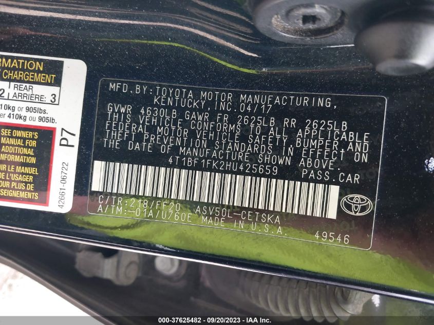 2017 TOYOTA CAMRY XLE/SE/LE/XSE - 4T1BF1FK2HU425659