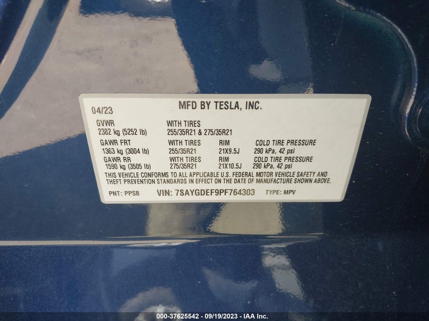 VIN 7SAYGDEF9PF764303 2023 TESLA MODEL Y PERFORMANCE