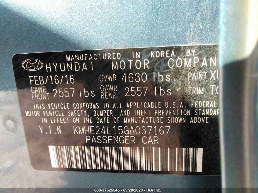 2016 HYUNDAI SONATA HYBRID SE - KMHE24L15GA037167