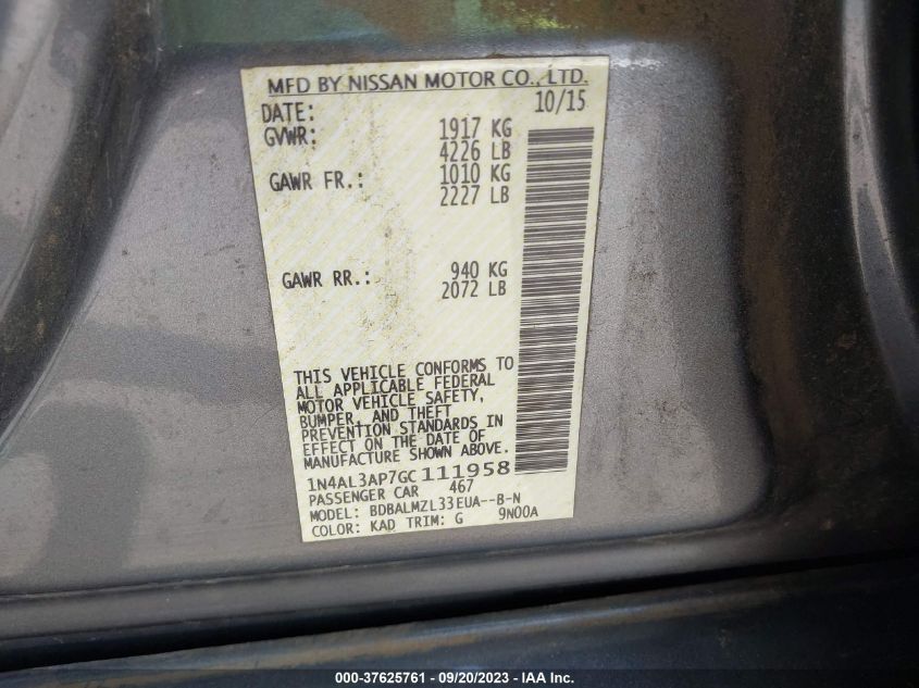 2016 NISSAN ALTIMA 2.5 SV - 1N4AL3AP7GC111958