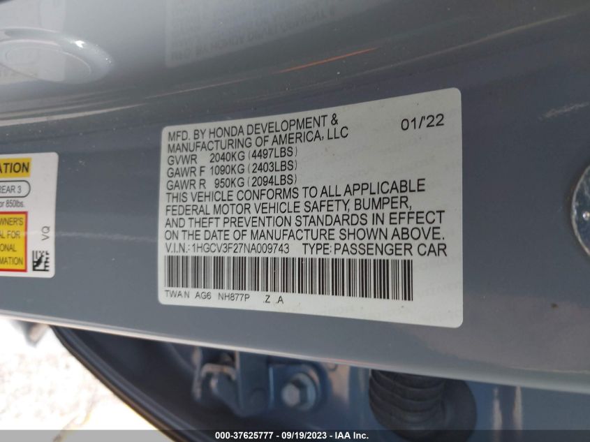 1HGCV3F27NA009743 Honda Accord Hybrid SPORT 9