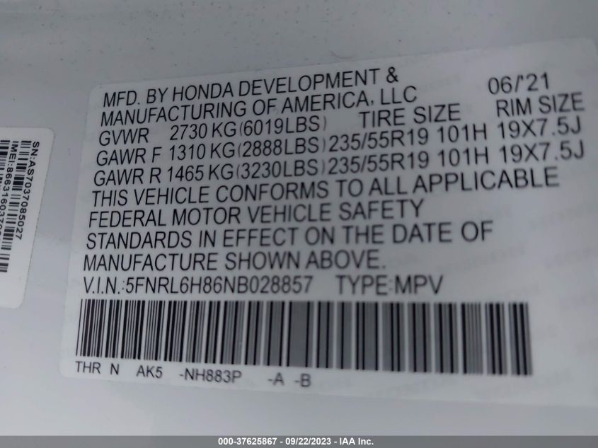 5FNRL6H86NB028857 2022 HONDA ODYSSEY, photo no. 9