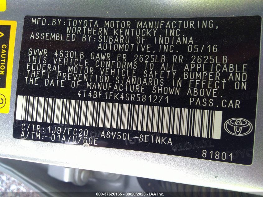 2016 TOYOTA CAMRY LE/XLE/SE/XSE - 4T4BF1FK4GR581271