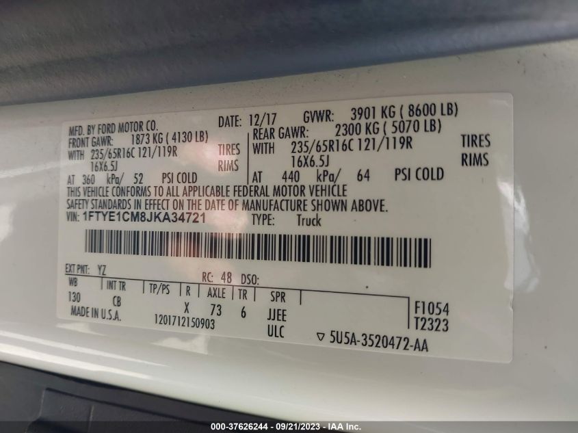 2018 FORD TRANSIT VAN - 1FTYE1CM8JKA34721