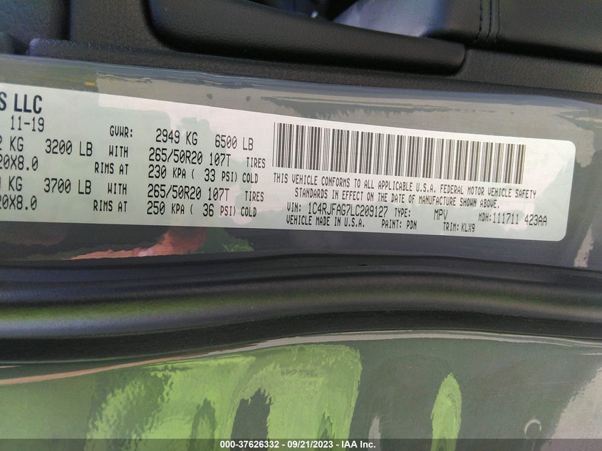 VIN 1C4RJFAG7LC209127 2020 JEEP GRAND CHEROKEE ALTITUDE