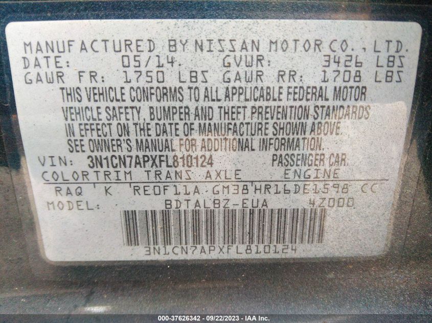 2015 NISSAN VERSA S/S PLUS/SL/SV - 3N1CN7APXFL810124