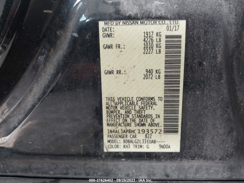 2017 NISSAN ALTIMA 2.5/S/SV/SL/SR - 1N4AL3AP8HC193572