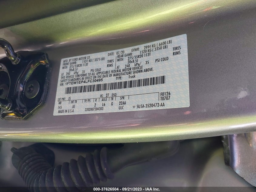 VIN 1FTEW1EP4LFC30495 2020 FORD F-150 XL/XLT/LARIAT