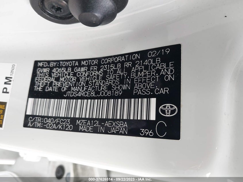 VIN JTDS4RCE8LJ008189 2020 TOYOTA COROLLA SE/NIGHTSHADE