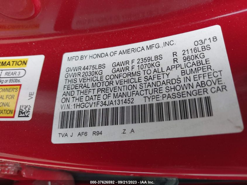 2018 HONDA ACCORD SEDAN SPORT 1.5T - 1HGCV1F34JA131452
