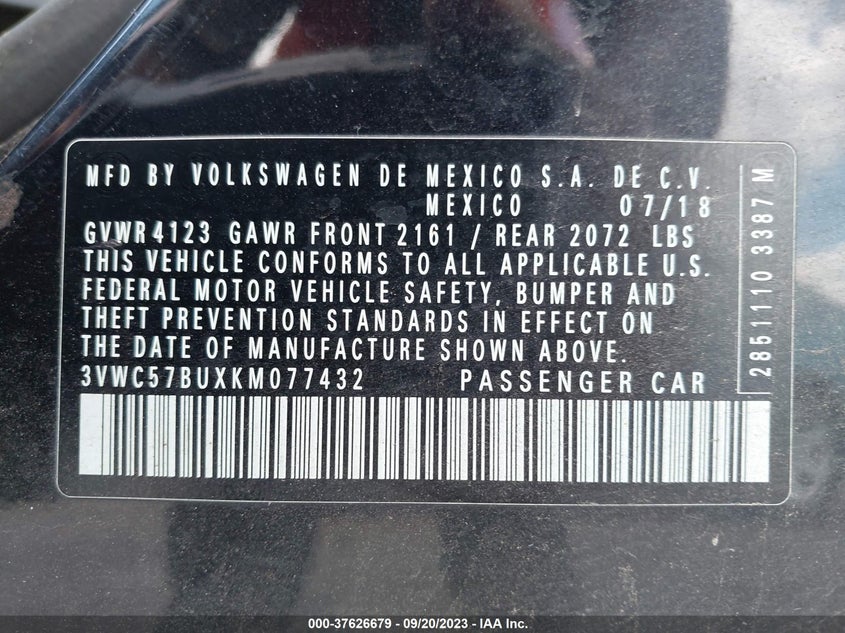 VIN 3VWC57BUXKM077432 2019 VOLKSWAGEN JETTA S/SE/R-LINE