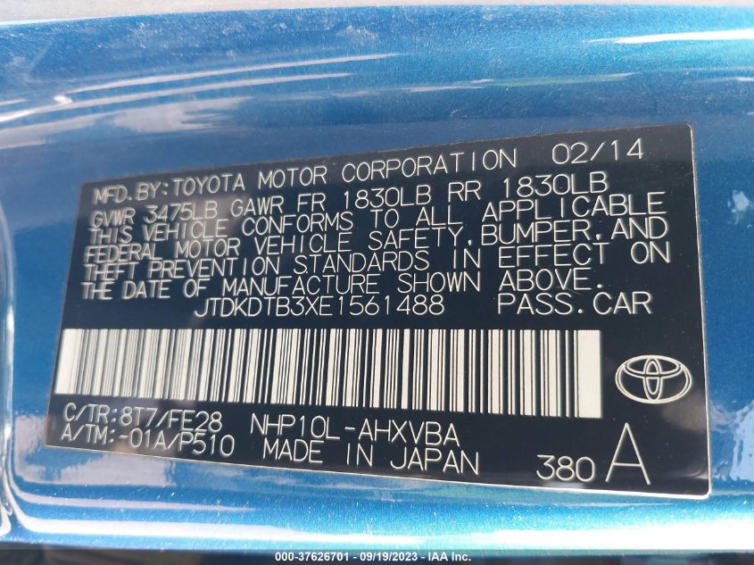 2014 TOYOTA PRIUS C ONE/THREE/TWO/FOUR - JTDKDTB3XE1561488