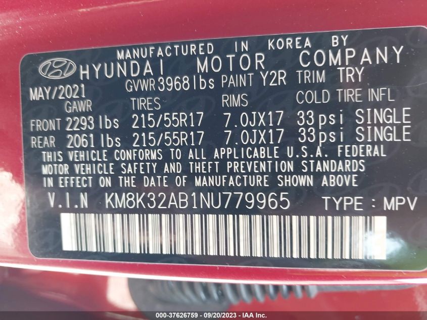 2022 HYUNDAI KONA SEL - KM8K32AB1NU779965
