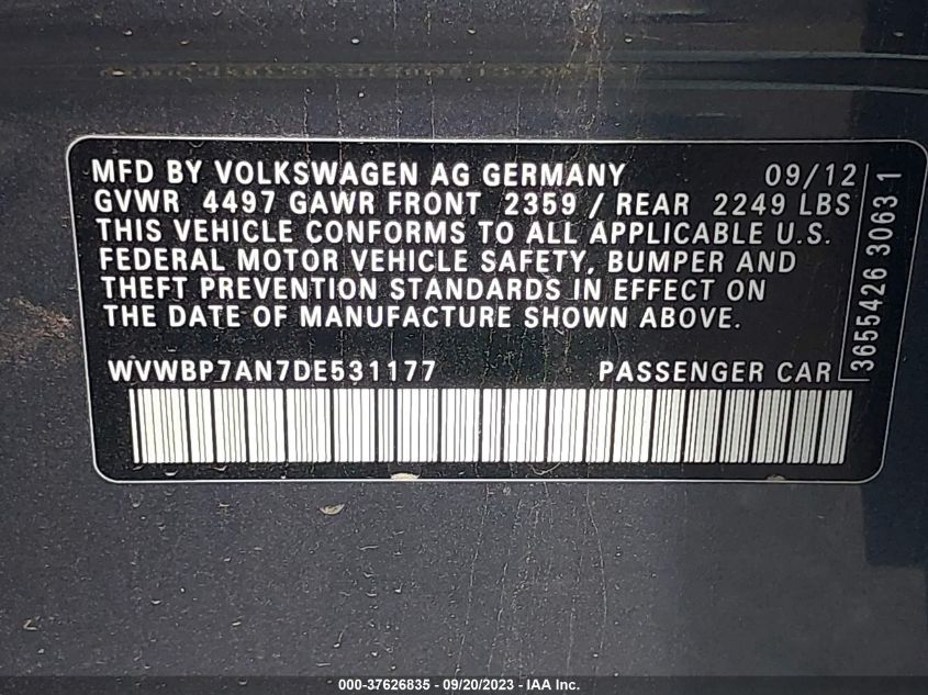 2013 VOLKSWAGEN CC SPORT - WVWBP7AN7DE531177