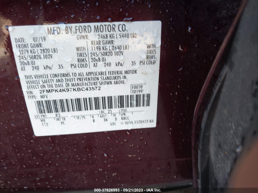 VIN 2FMPK4K97KBC43572 2019 FORD EDGE TITANIUM