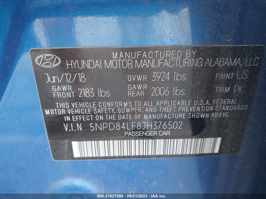 VIN 5NPD84LF8JH376502 2018 HYUNDAI ELANTRA SEL